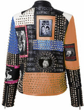 Multicolor Studwork Pyramid Gothic, Handmade Patchwork Jacket, Rancid Cow Skin Leather, Punk Rock Studded Fashion, Biker's Men Clothing,